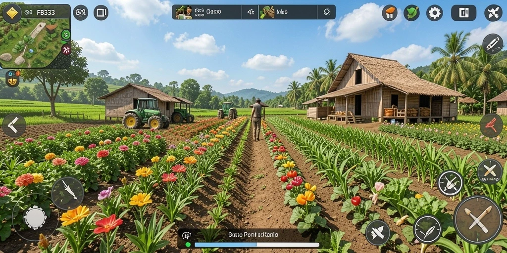 Tampilan gameplay FB333 yang menawan dengan ladang hijau subur.