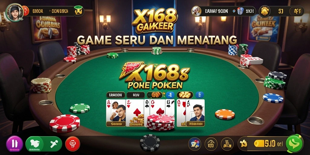 Screenshot utama X168 menampilkan gameplay Poker yang seru dan interaktif.